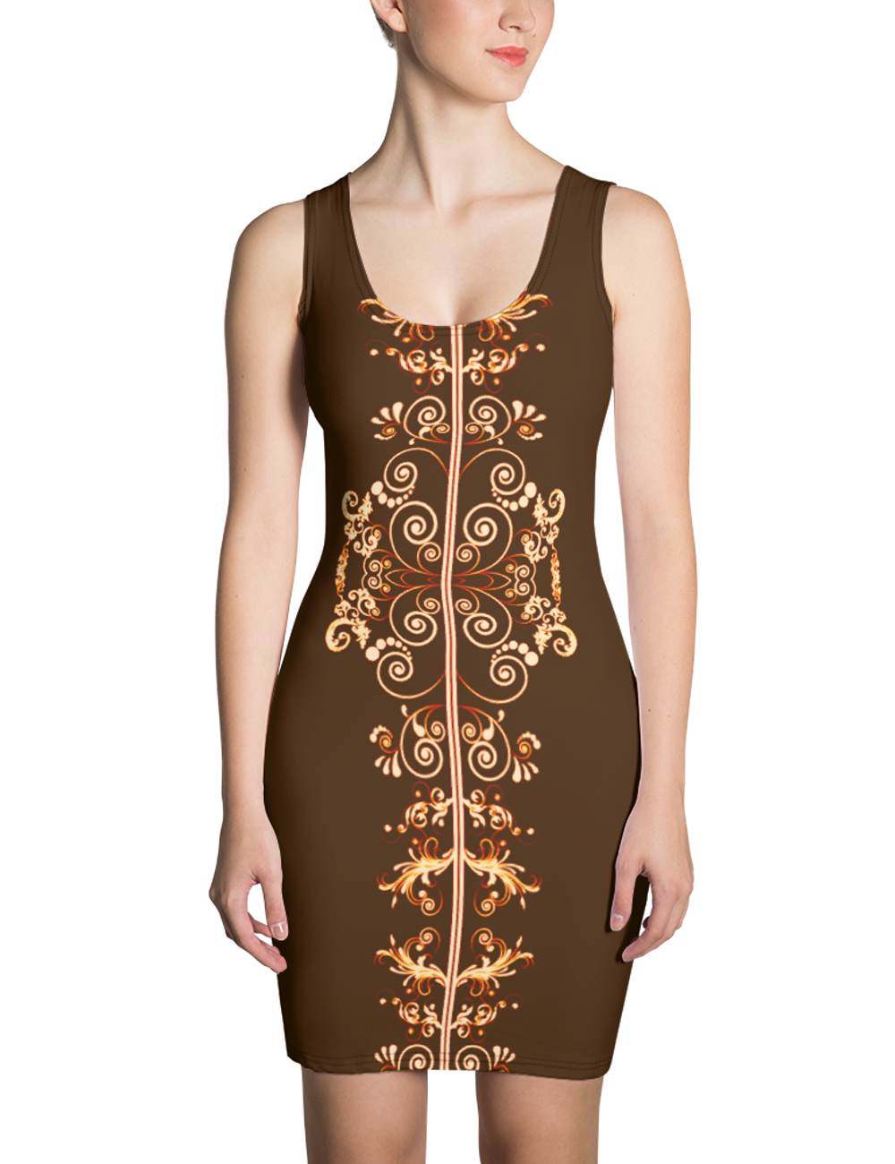 Floral Coffee Swirl Sleeveless Fitted Sublimated Dress OniTakai