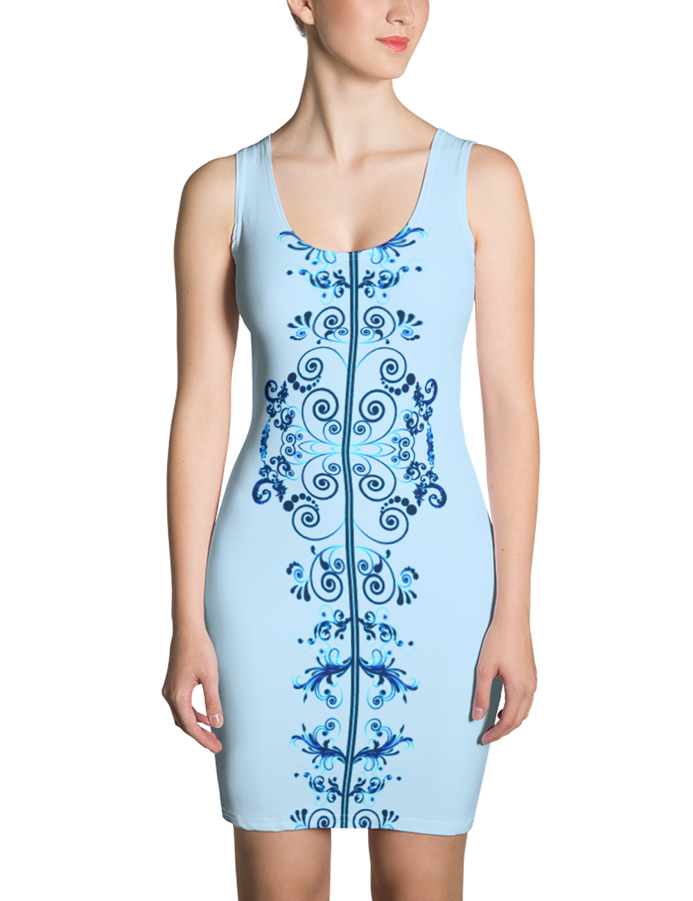 Floral Neon Blue Swirl Sleeveless Fitted Sublimated Dress OniTakai