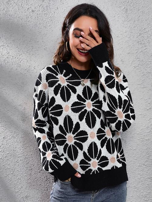 Floral Round Neck Long Sleeve Sweater OniTakai