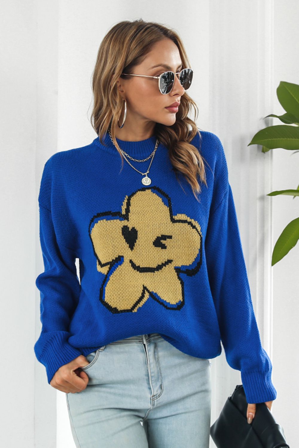 Flower Graphic Drop Shoulder Sweater OniTakai