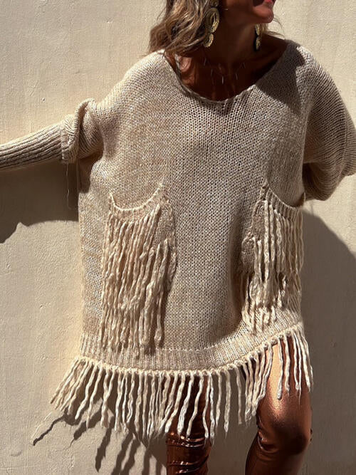 Fringe Detail Long Sleeve Sweater with Pockets OniTakai