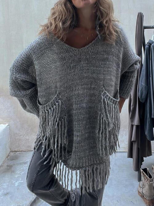 Fringe Detail Long Sleeve Sweater with Pockets OniTakai