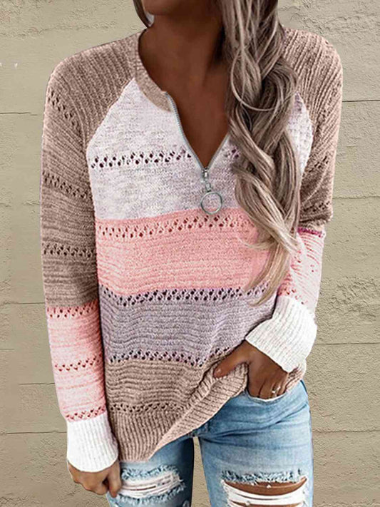Full Size Color Block Half Zip Sweater OniTakai