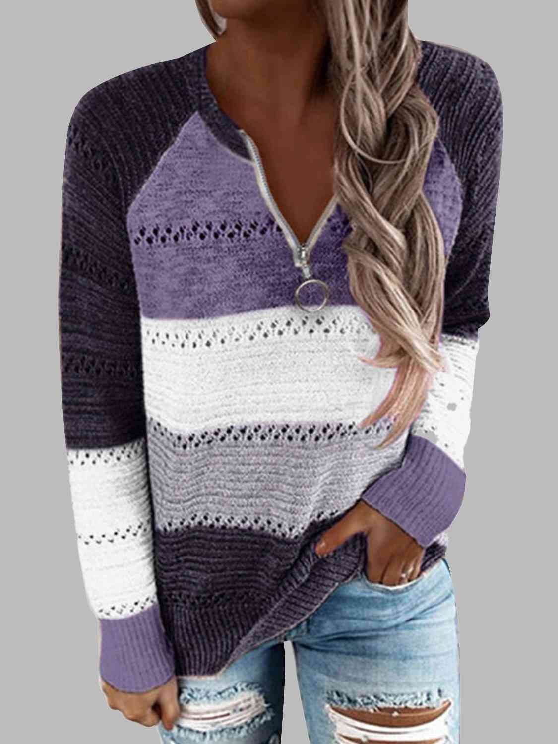 Full Size Color Block Half Zip Sweater OniTakai