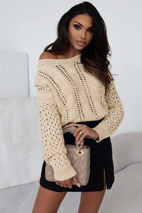 Full Size Openwork Cable-Knit Round Neck Knit Top OniTakai
