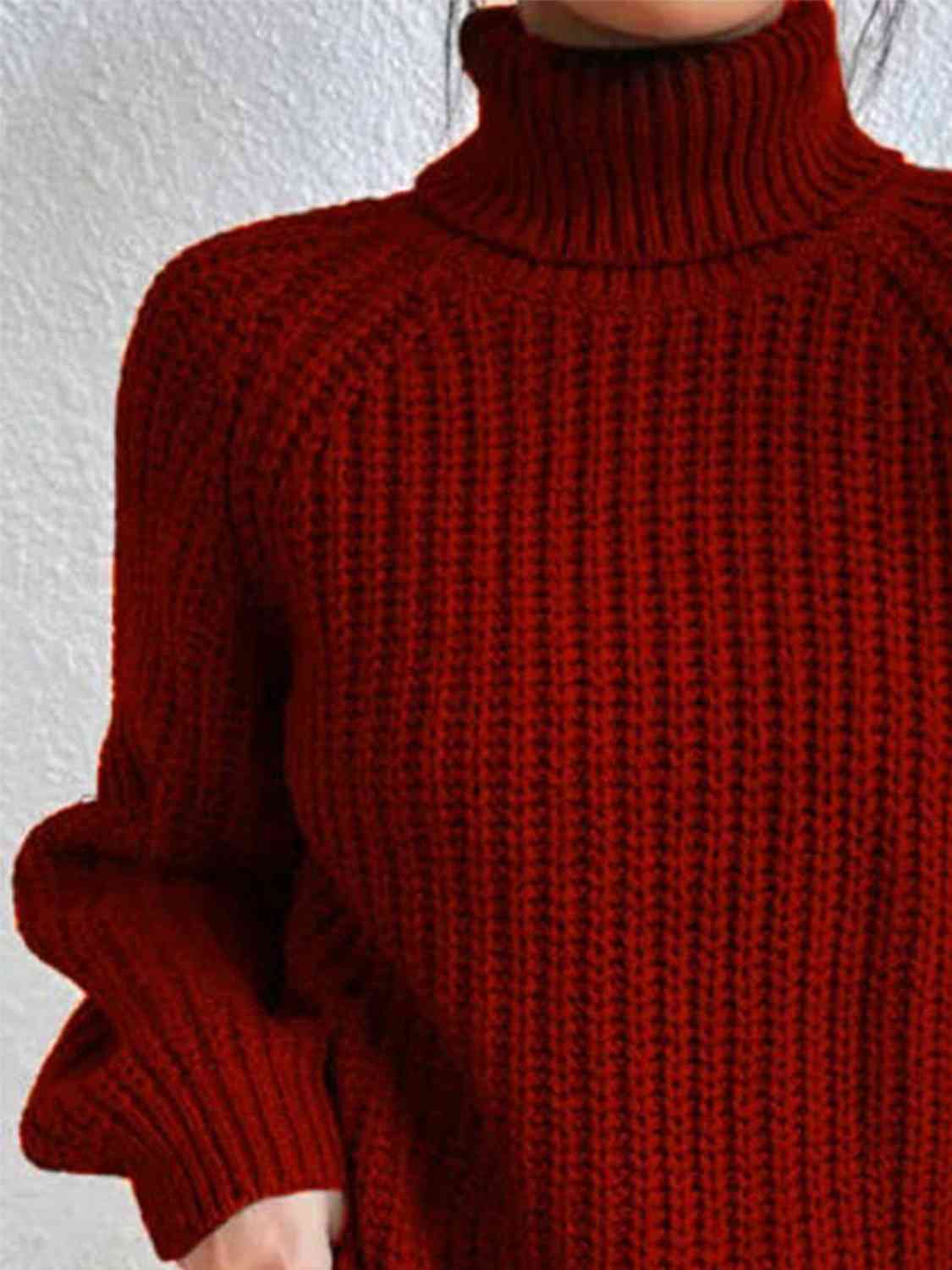 Full Size Turtleneck Rib-Knit Slit Sweater OniTakai