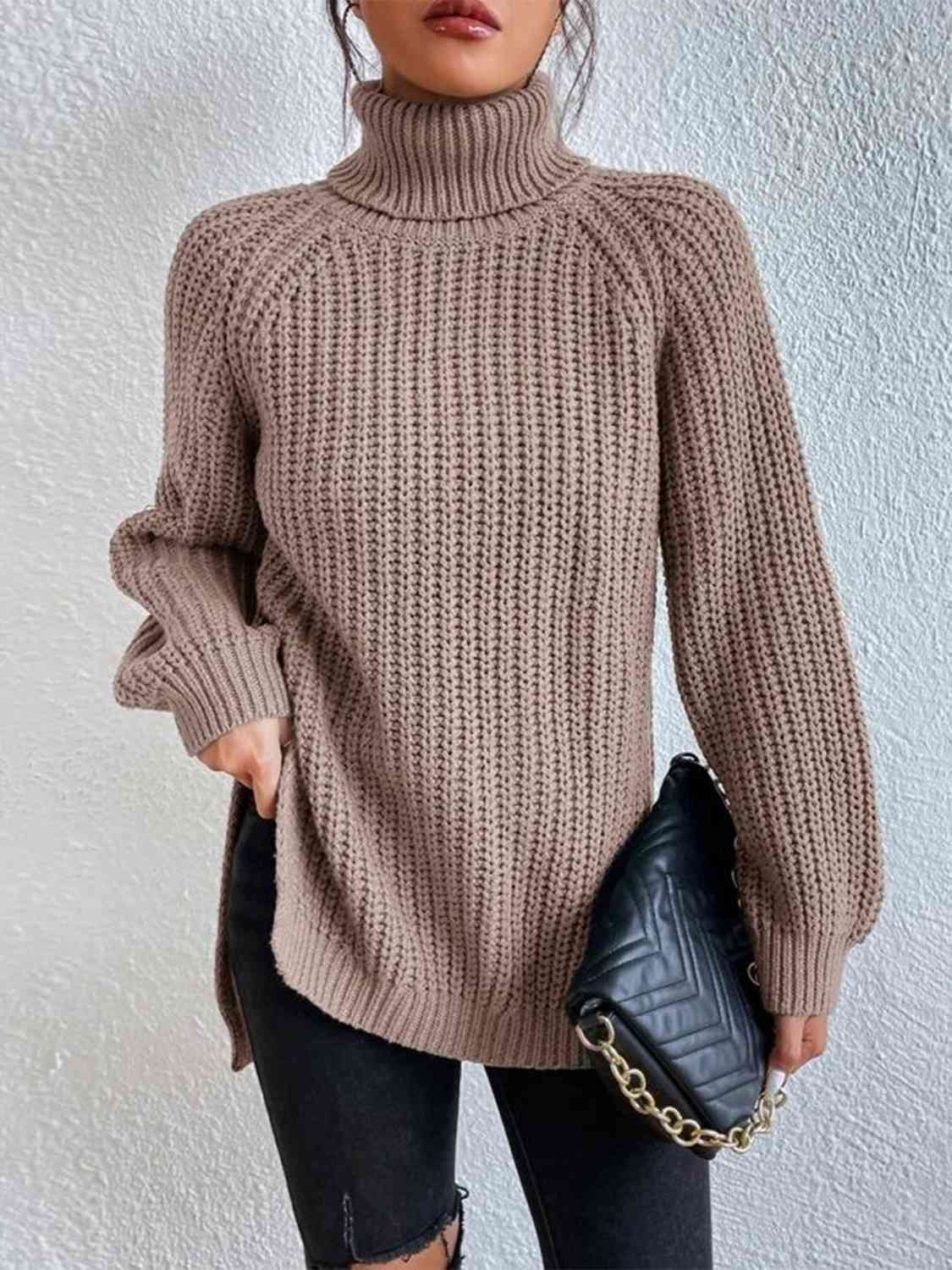 Full Size Turtleneck Rib-Knit Slit Sweater OniTakai