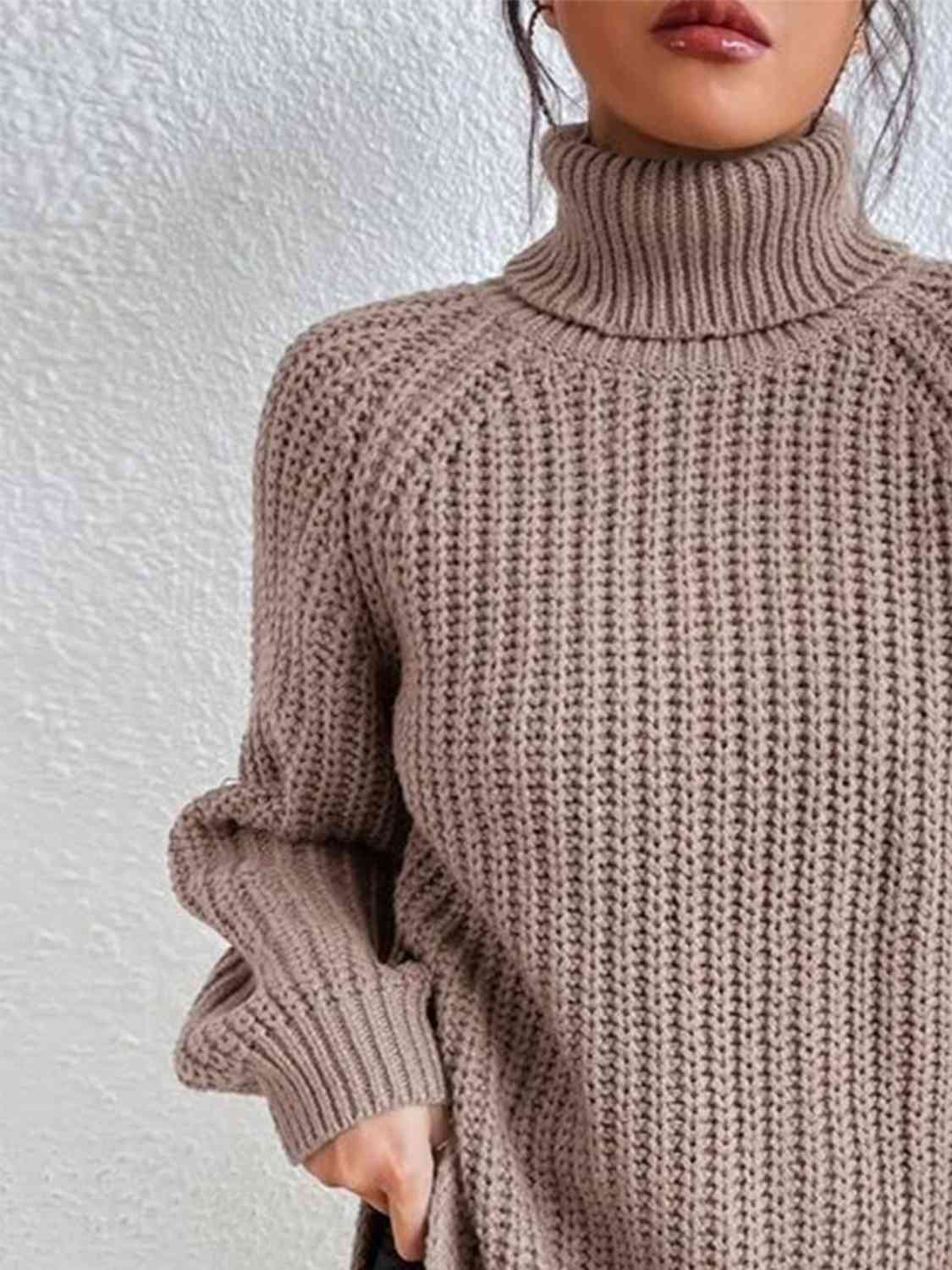 Full Size Turtleneck Rib-Knit Slit Sweater OniTakai