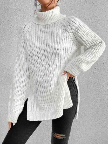 Full Size Turtleneck Rib-Knit Slit Sweater OniTakai