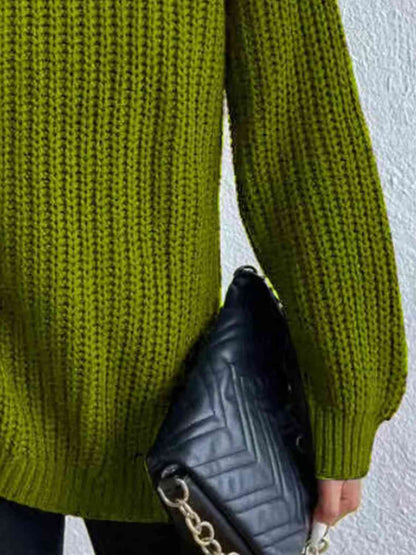 Full Size Turtleneck Rib-Knit Slit Sweater OniTakai