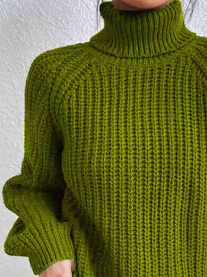 Full Size Turtleneck Rib-Knit Slit Sweater OniTakai