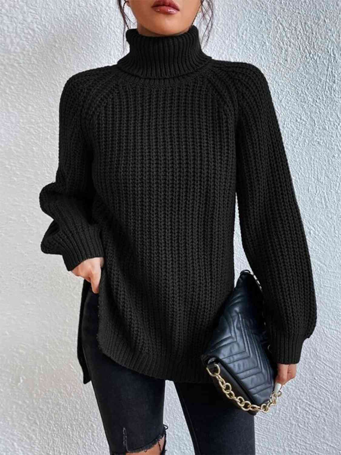 Full Size Turtleneck Rib-Knit Slit Sweater OniTakai