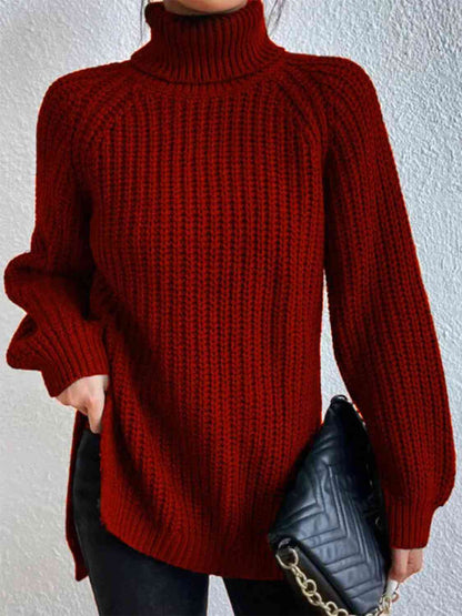 Full Size Turtleneck Rib-Knit Slit Sweater OniTakai