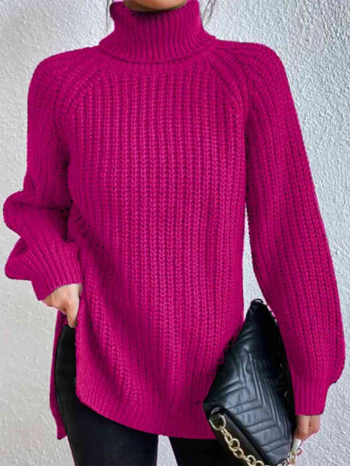 Full Size Turtleneck Rib-Knit Slit Sweater OniTakai