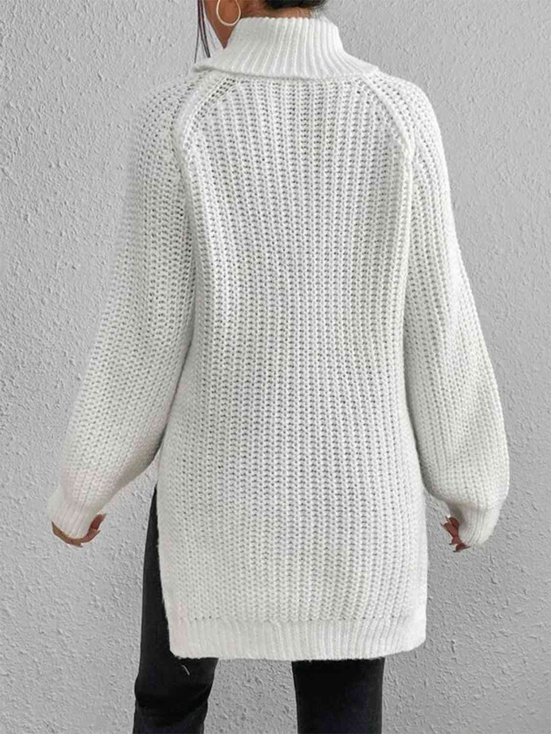 Full Size Turtleneck Rib-Knit Slit Sweater OniTakai