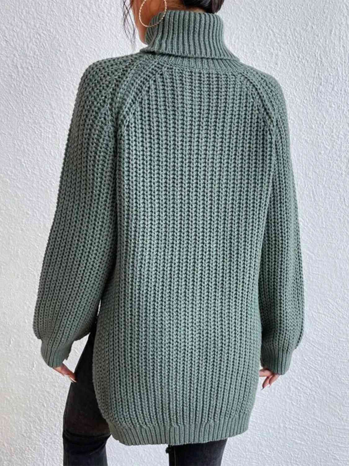 Full Size Turtleneck Rib-Knit Slit Sweater OniTakai