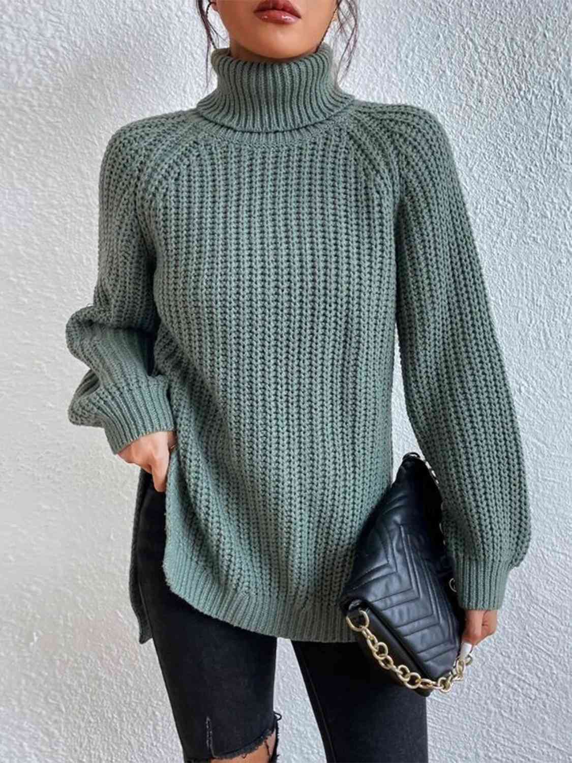 Full Size Turtleneck Rib-Knit Slit Sweater OniTakai