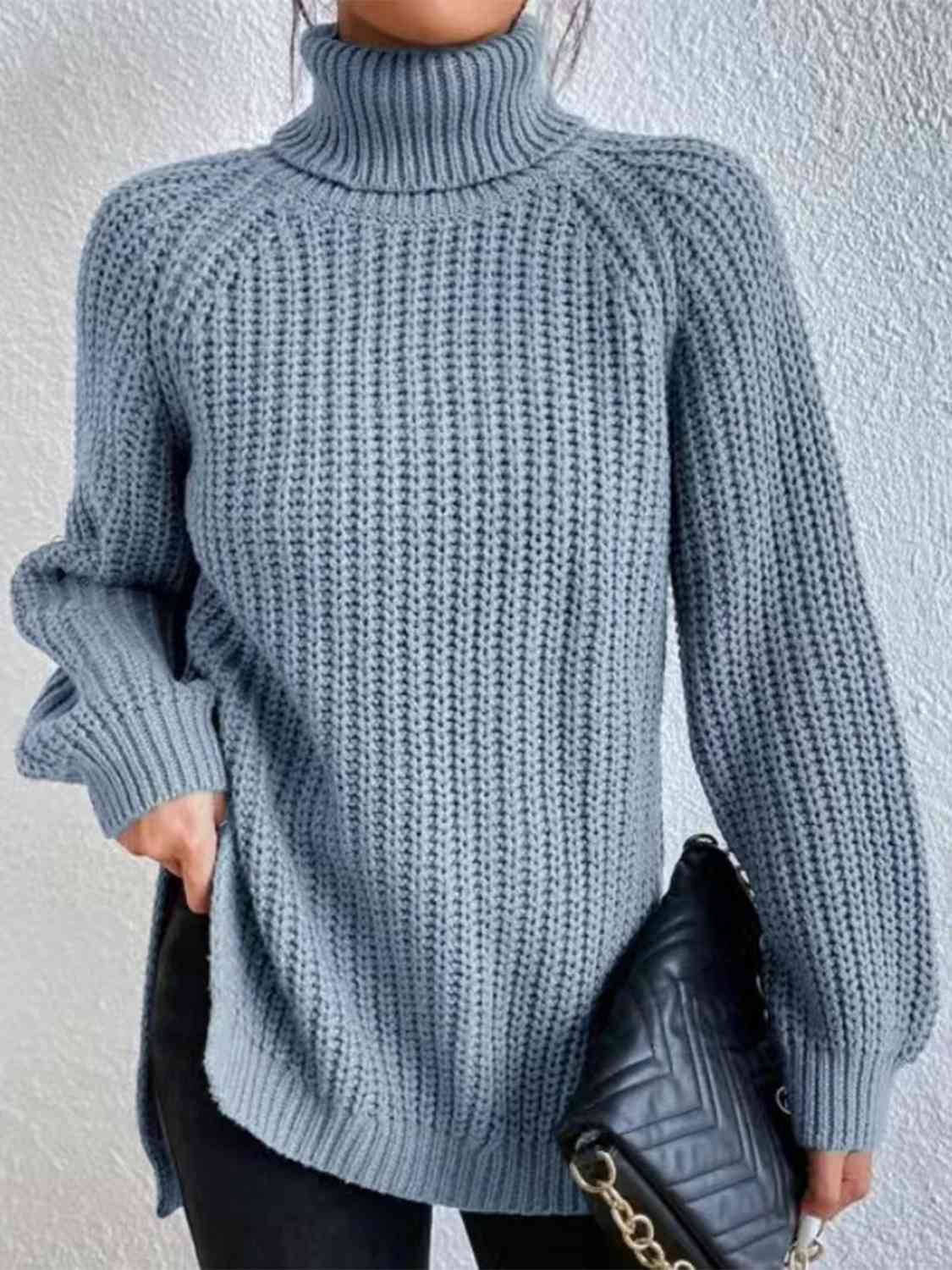 Full Size Turtleneck Rib-Knit Slit Sweater OniTakai