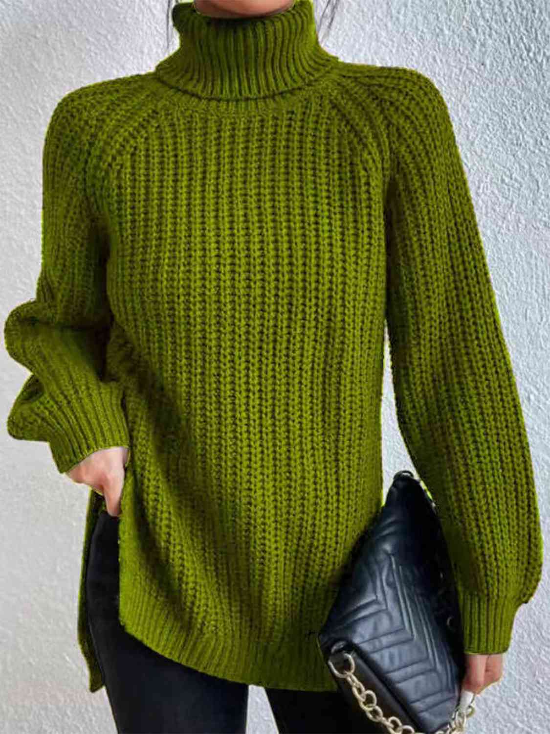 Full Size Turtleneck Rib-Knit Slit Sweater OniTakai