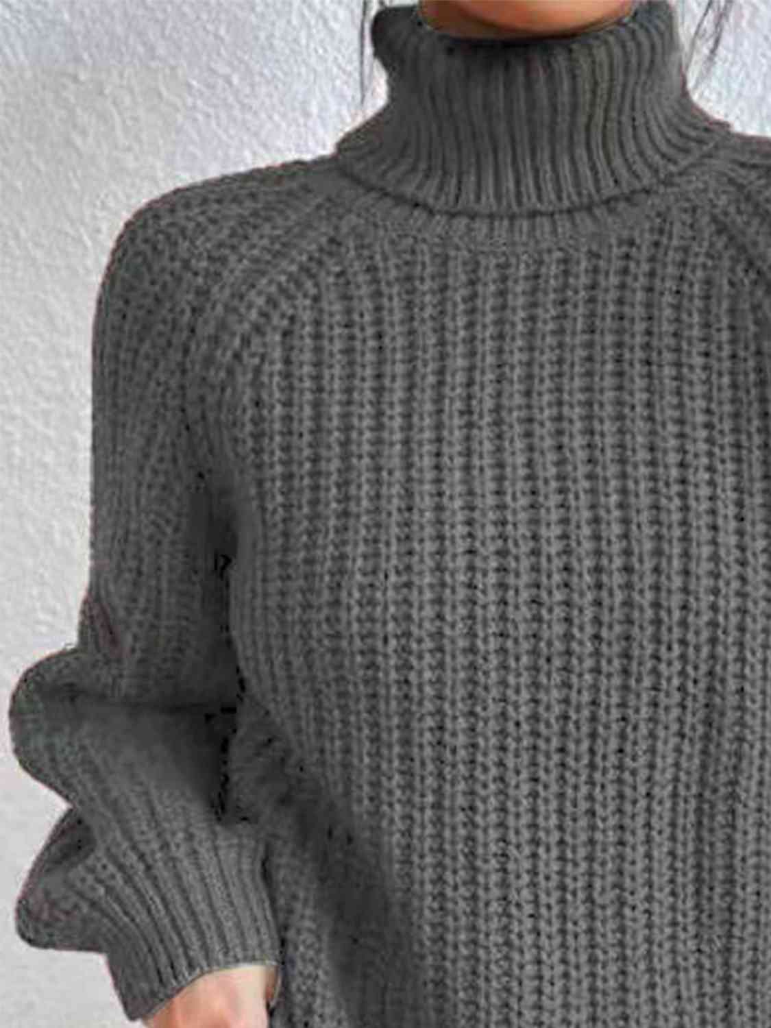 Full Size Turtleneck Rib-Knit Slit Sweater OniTakai