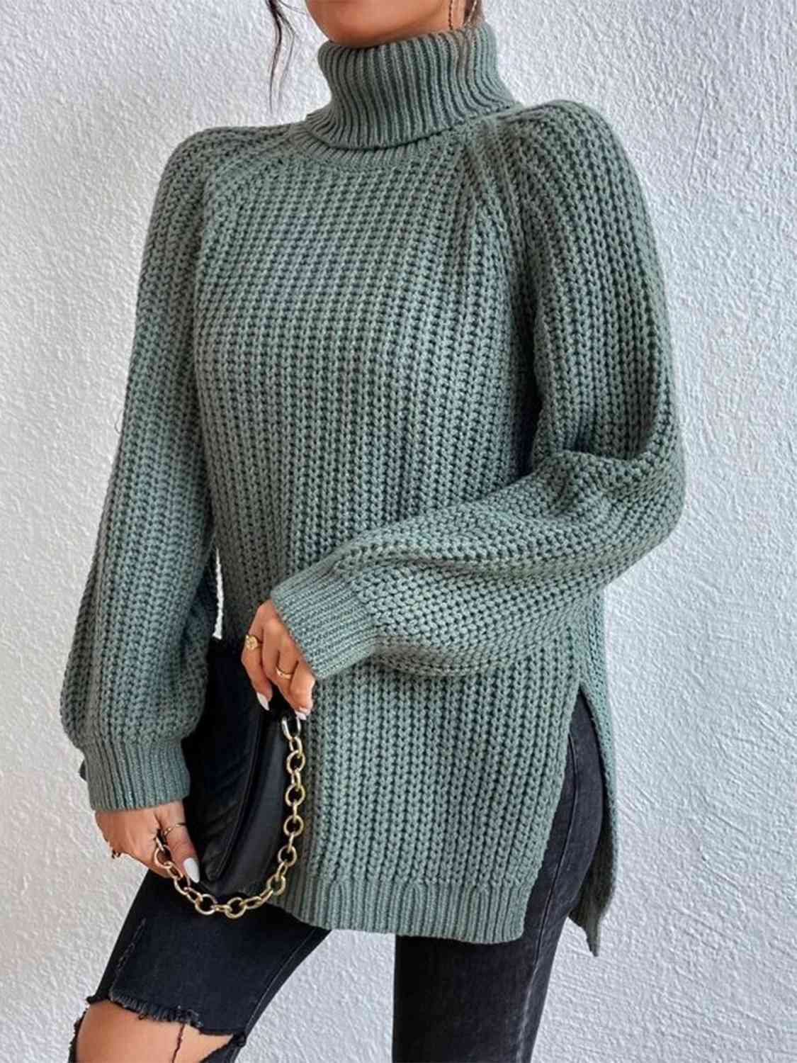 Full Size Turtleneck Rib-Knit Slit Sweater OniTakai