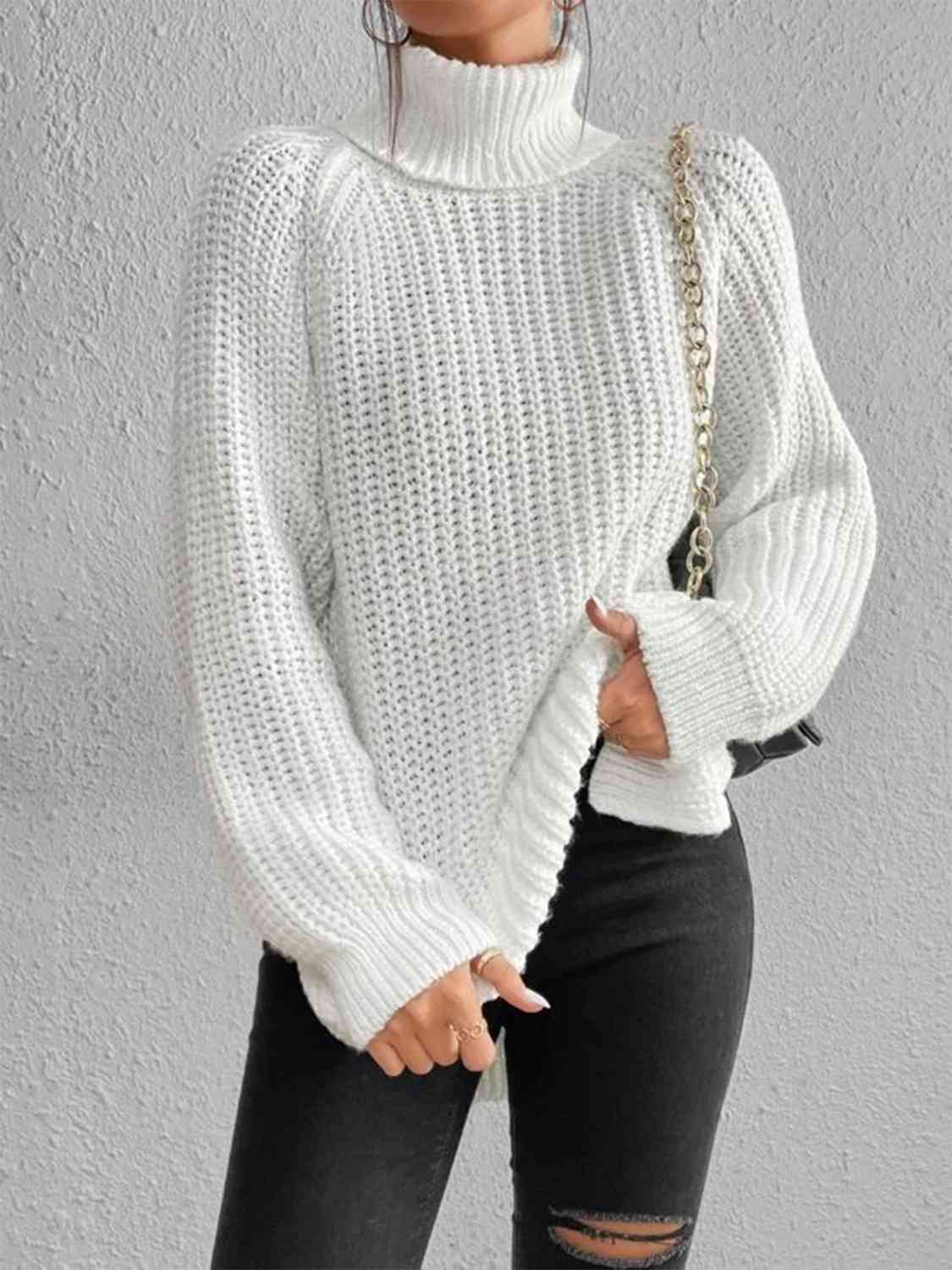 Full Size Turtleneck Rib-Knit Slit Sweater OniTakai