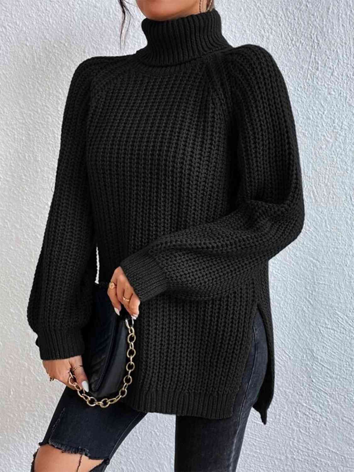 Full Size Turtleneck Rib-Knit Slit Sweater OniTakai