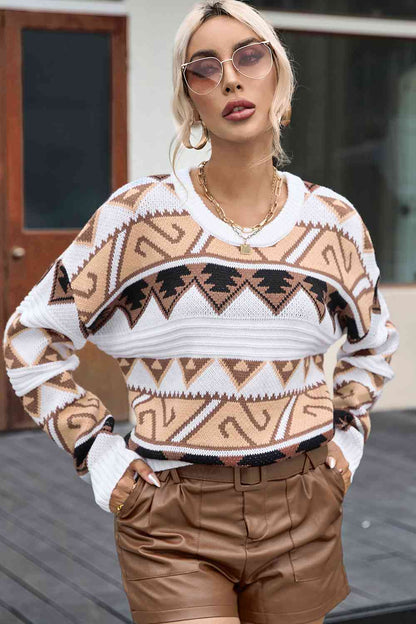 Geometric Round Neck Dropped Shoulder Sweater OniTakai