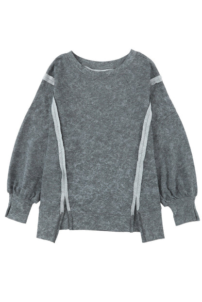 Gray Acid Wash Relaxed Fit Seamed Pullover Sweatshirt with Slits OniTakai