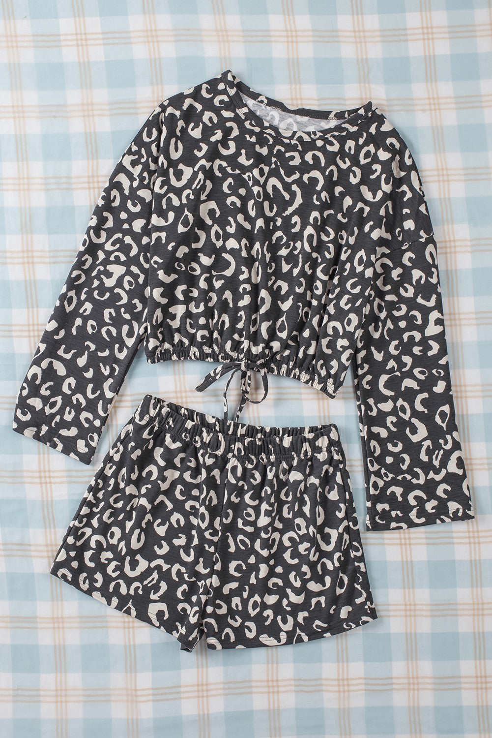 Gray Animal Print Long Sleeves Pullover and Shorts Lounge Set OniTakai