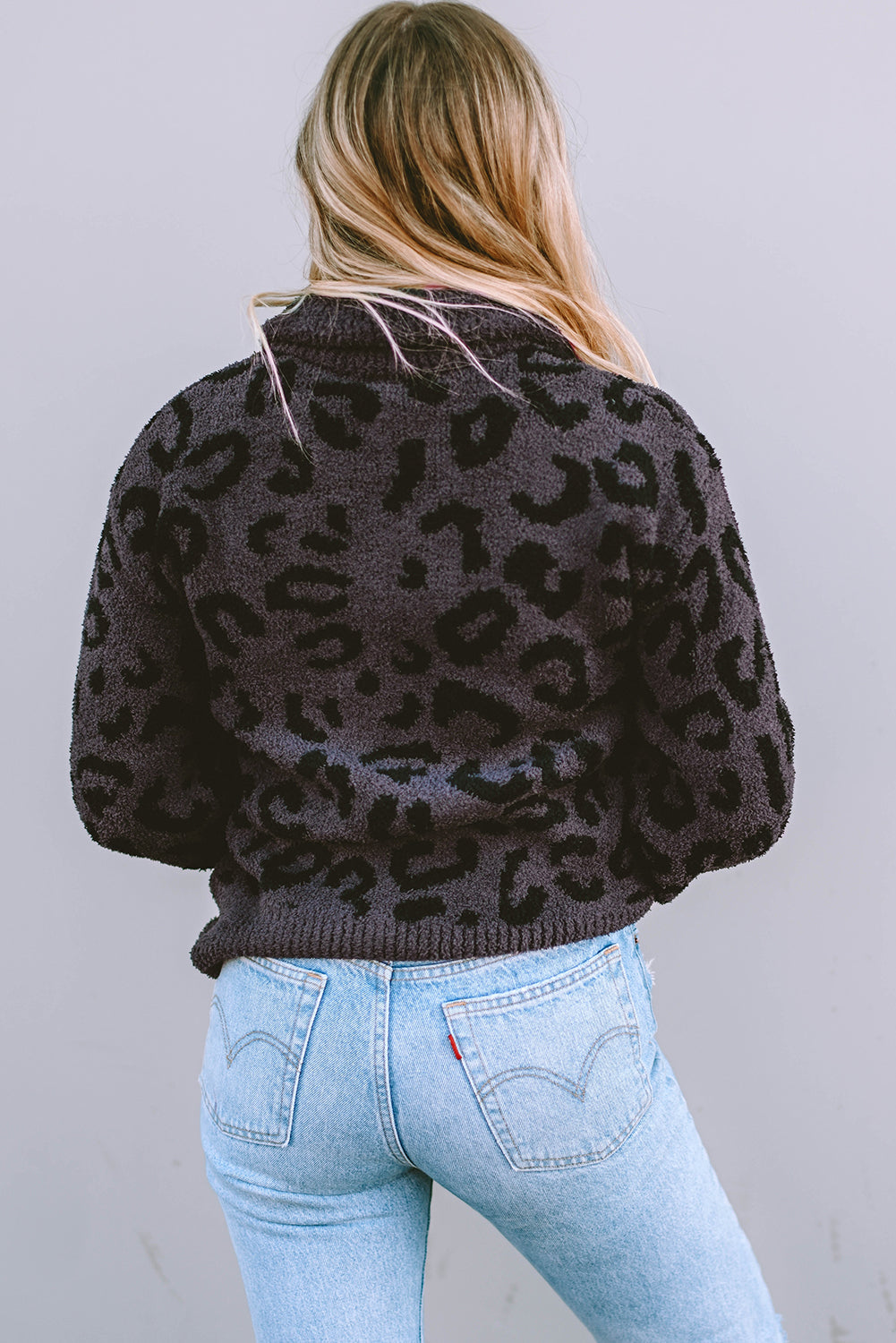 Gray Animal Print Zipped Collared Sweater OniTakai