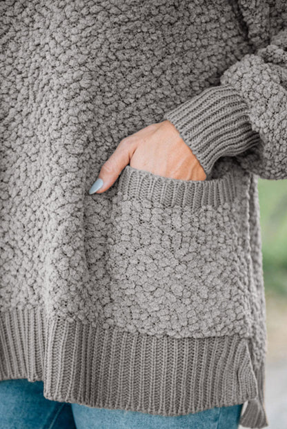 Gray Double Pockets Ribbed Trim Popcorn Knit Sweater OniTakai