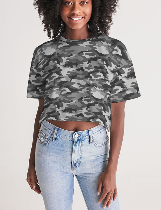 Gray Jungle Military Camouflage Print | Women's Oversized Crop Top T-Shirt OniTakai