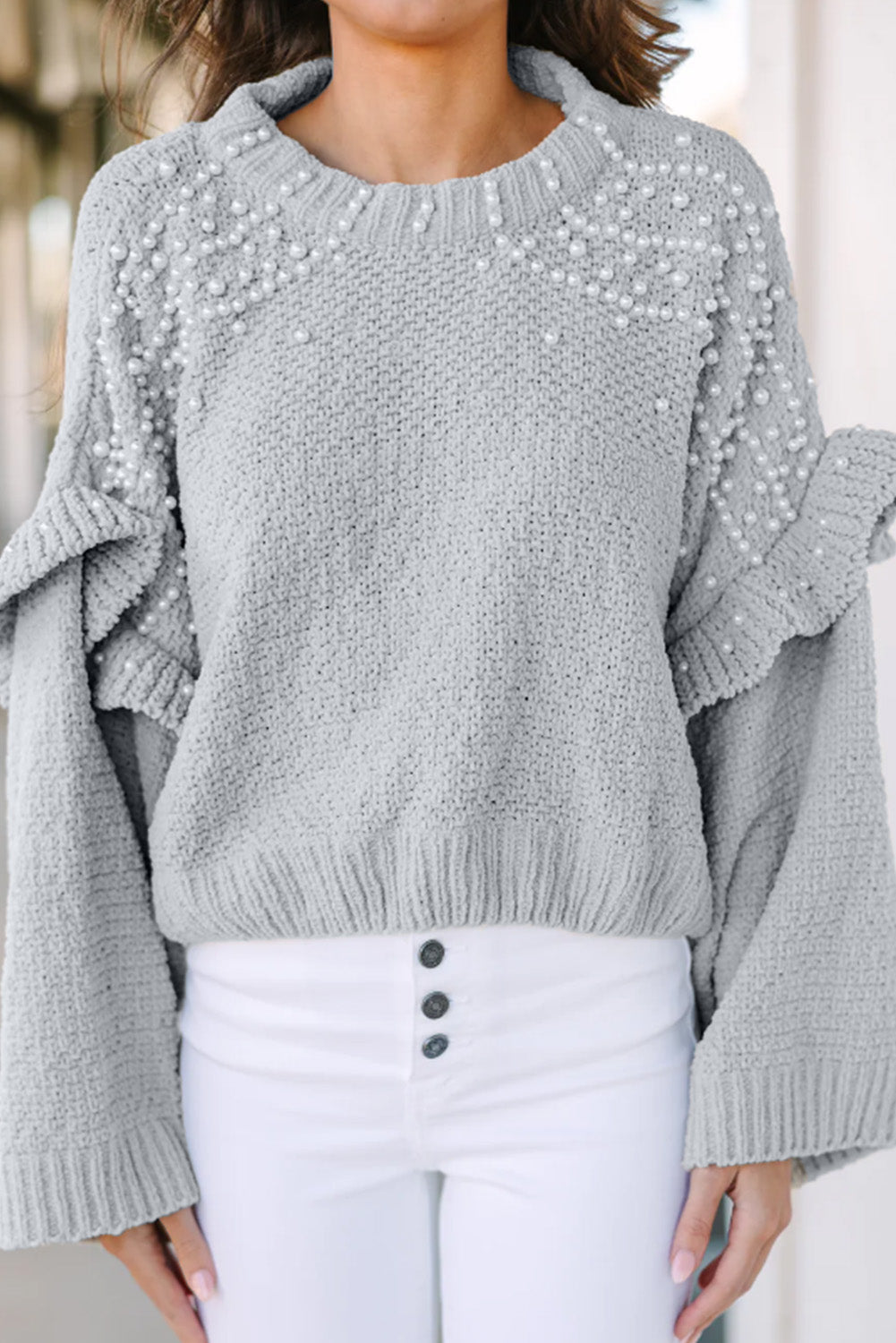 Gray Pearl Embellished Ruffle Wide Sleeve Sweater OniTakai