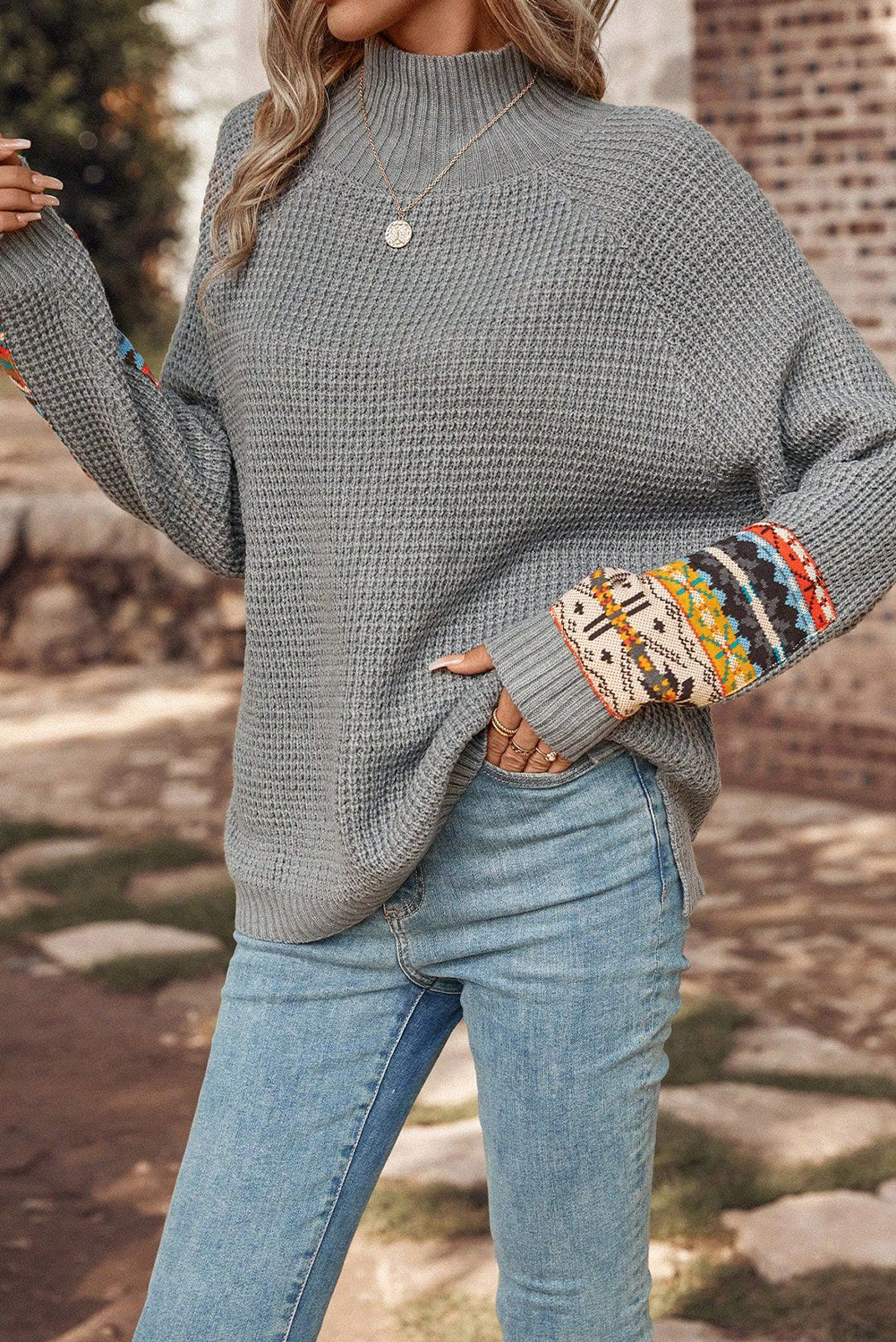 Gray Tribal Patch Raglan Sleeve High Neck Sweater OniTakai