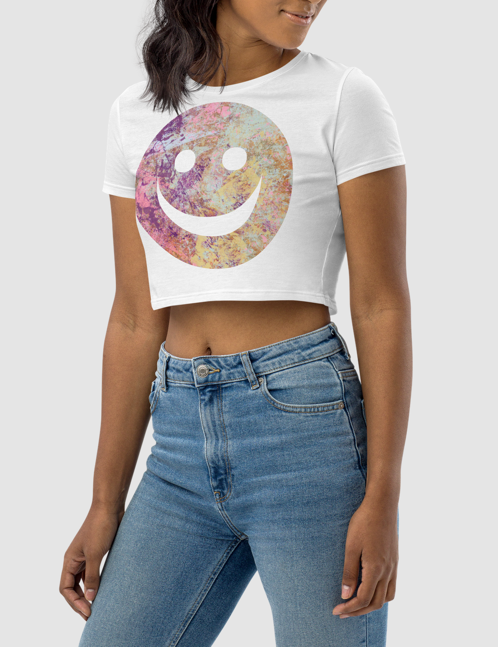 Grungy Happy Face Women's Fitted Crop Top T-Shirt OniTakai