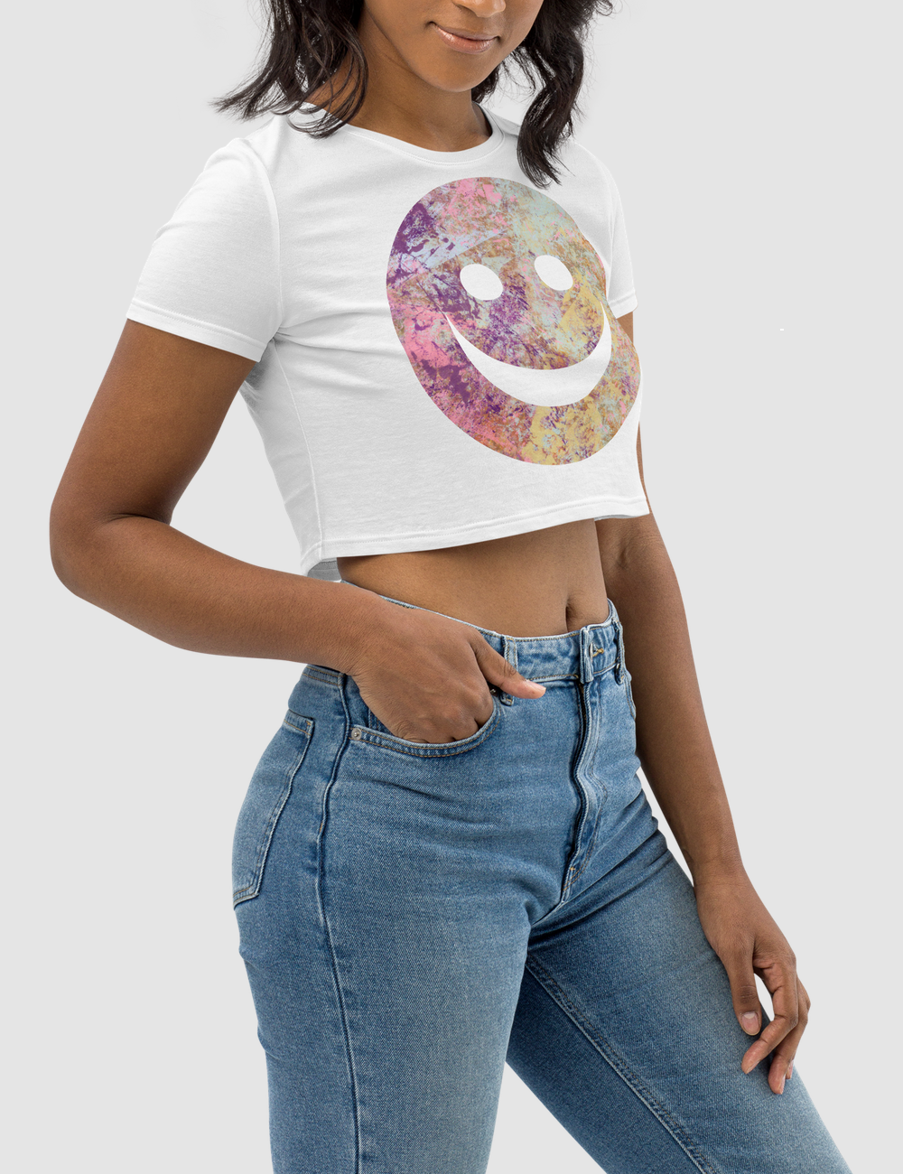 Grungy Happy Face Women's Fitted Crop Top T-Shirt OniTakai