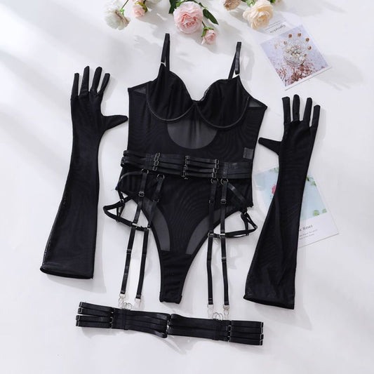 Women's Sexy See-Through Mesh Gloves Set One-Piece Lingerie Bodysuit