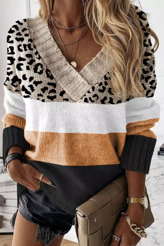 Khaki Leopard Color Block Long Sleeve Sweater OniTakai