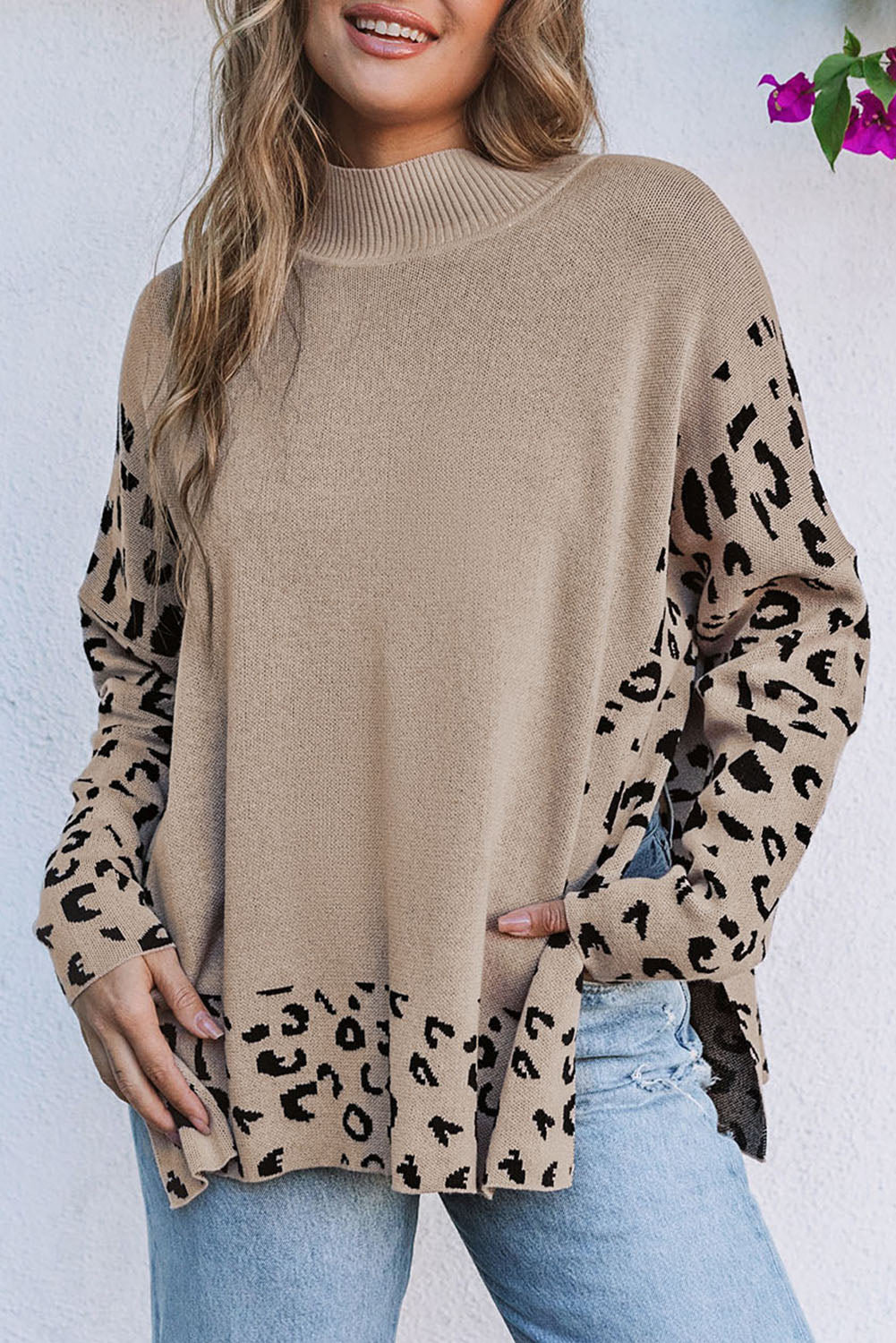 Khaki Plus Size Leopard Patchwork High Neck Sweater OniTakai