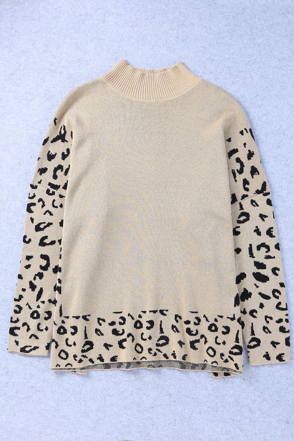 Khaki Plus Size Leopard Patchwork High Neck Sweater OniTakai