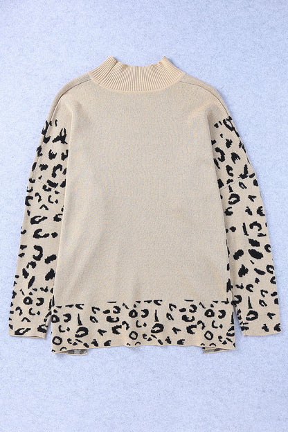 Khaki Plus Size Leopard Patchwork High Neck Sweater OniTakai