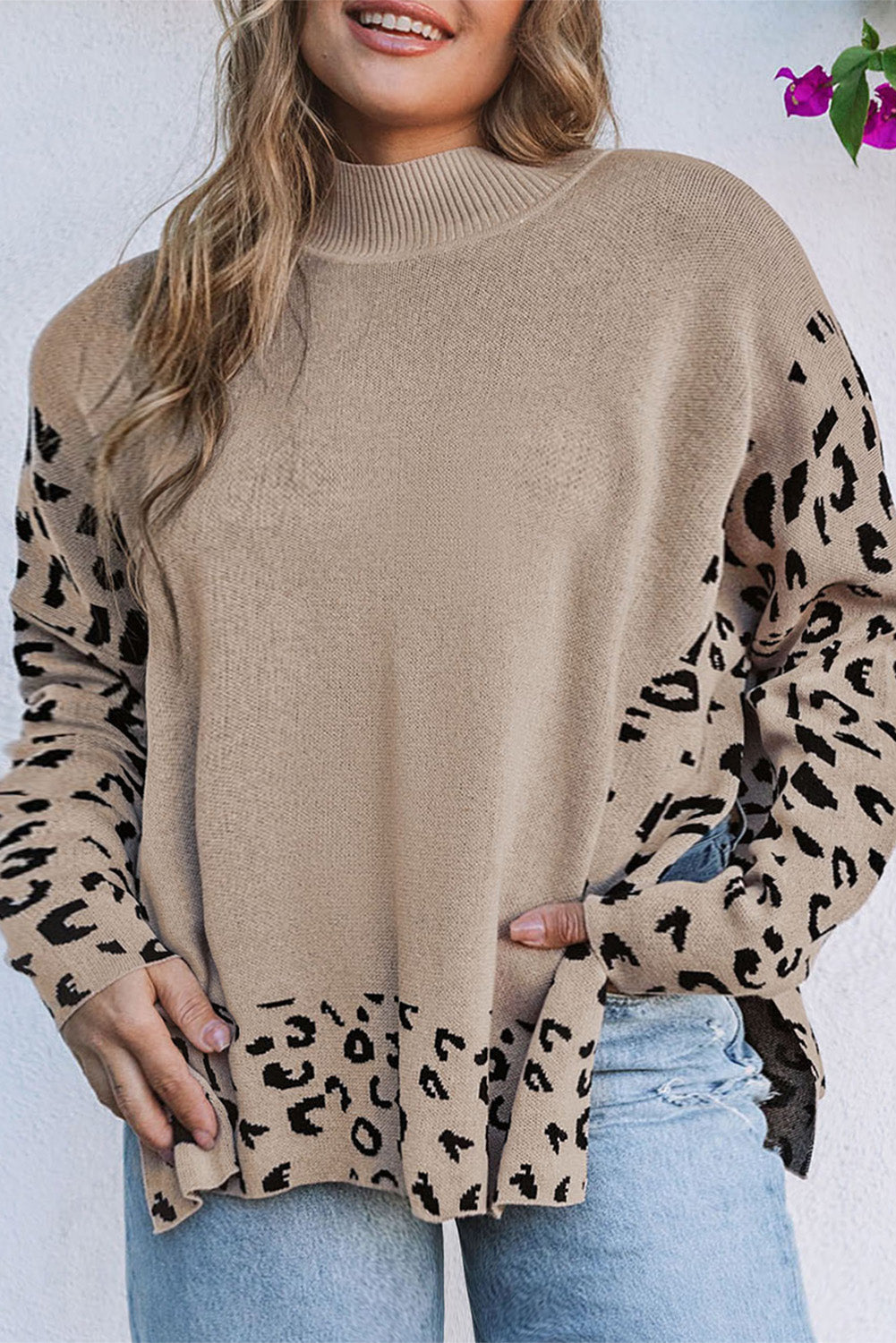 Khaki Plus Size Leopard Patchwork High Neck Sweater OniTakai