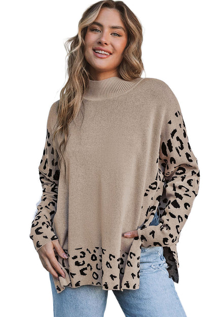 Khaki Plus Size Leopard Patchwork High Neck Sweater OniTakai