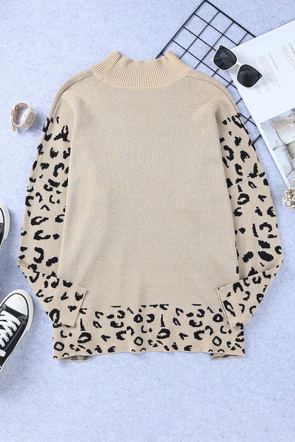 Khaki Plus Size Leopard Patchwork High Neck Sweater OniTakai