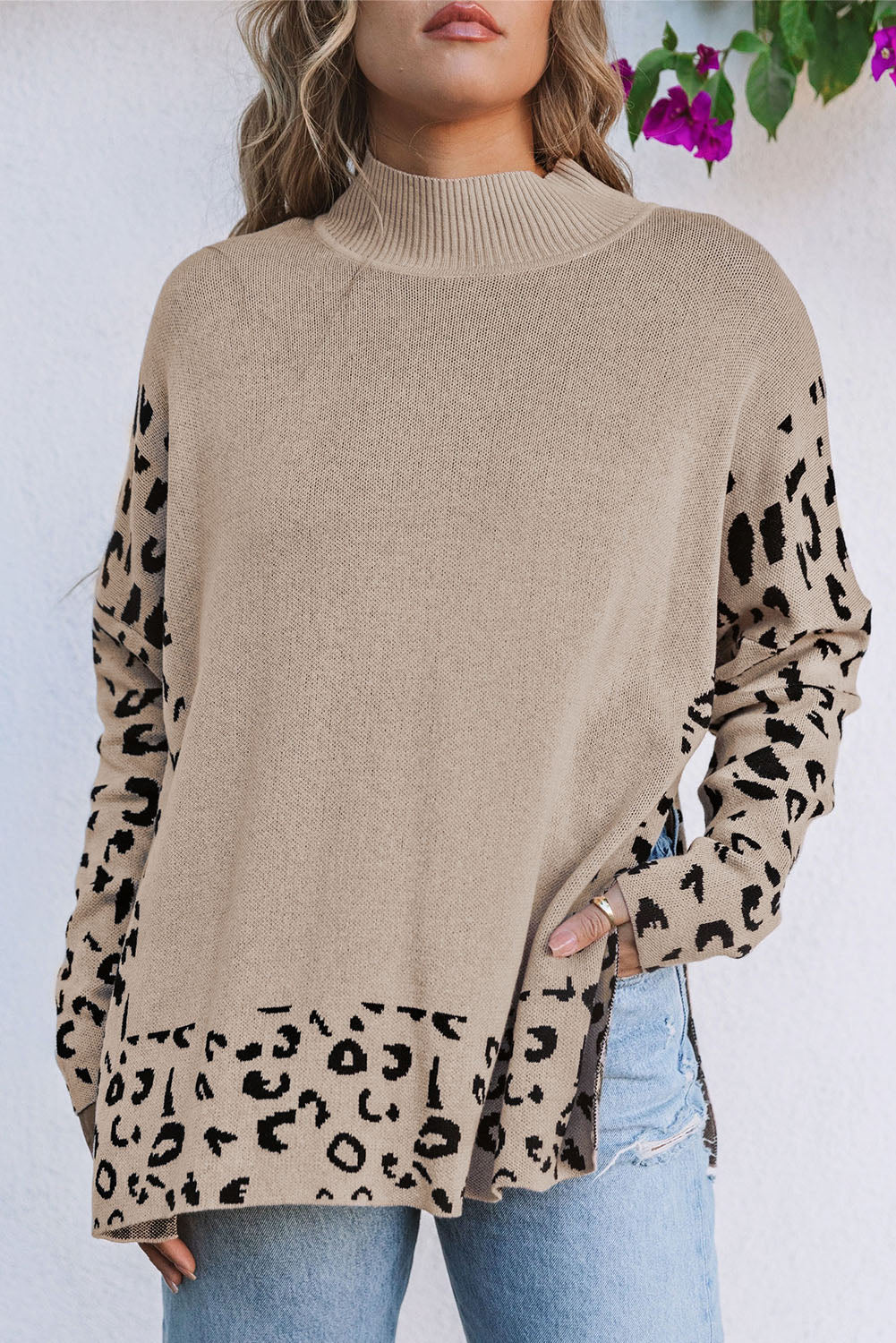 Khaki Plus Size Leopard Patchwork High Neck Sweater OniTakai