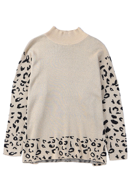 Khaki Plus Size Leopard Patchwork High Neck Sweater OniTakai