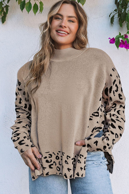 Khaki Plus Size Leopard Patchwork High Neck Sweater OniTakai