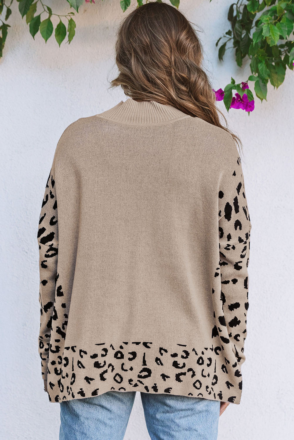 Khaki Plus Size Leopard Patchwork High Neck Sweater OniTakai