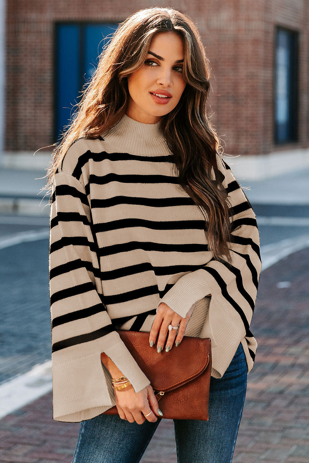 Khaki Striped Mock Neck Bell Sleeve Knit Sweater OniTakai